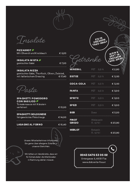 Take Away Speisekarte Dolce Vita Fiss Tirol