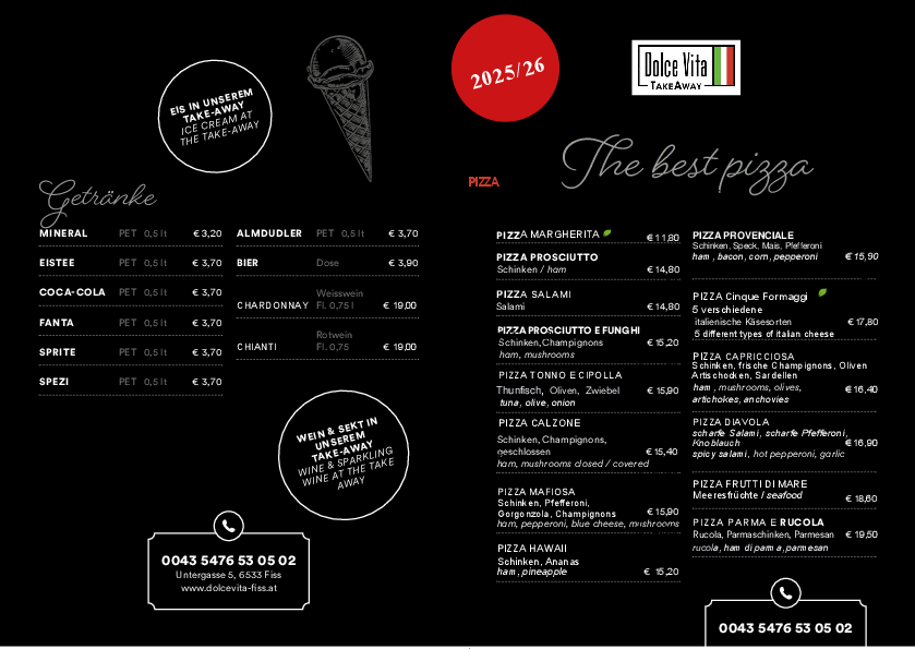 Take Away Pizzakarte Dolce Vita Fiss Tirol