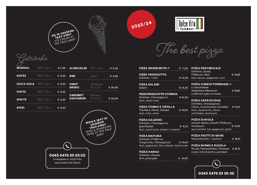 Take Away Pizzakarte Dolce Vita Fiss Tirol