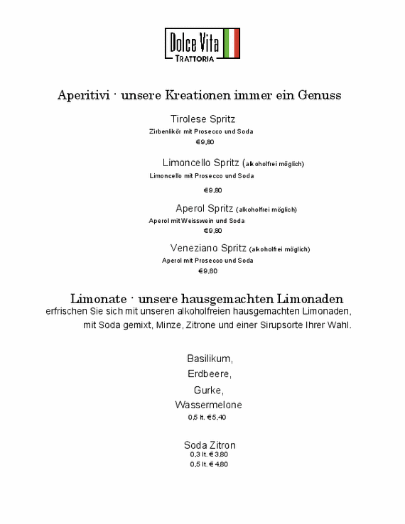 Speisekarte Dolce Vita Pizzeria und Restaurant