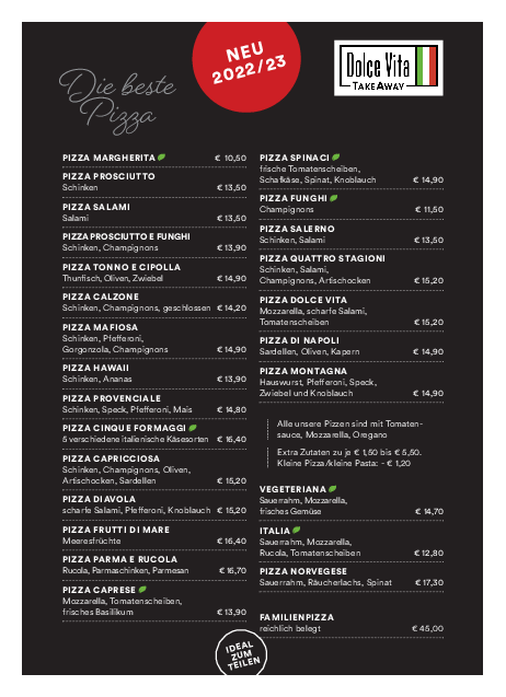 Take Away Pizzakarte Dolce Vita Fiss Tirol